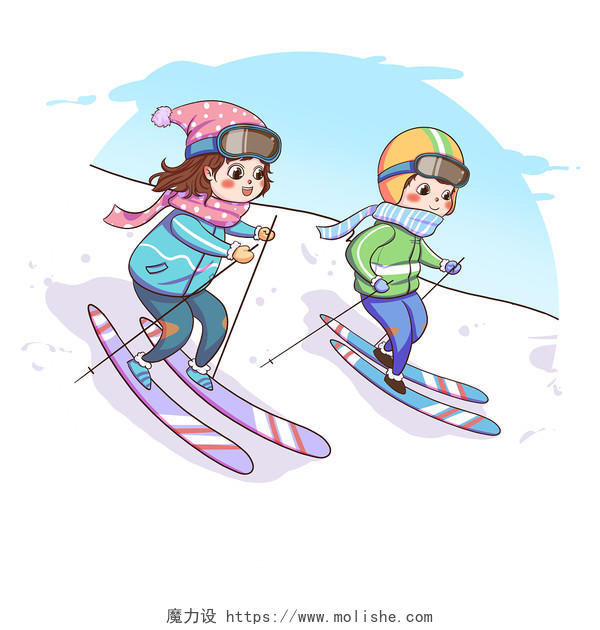滑雪的男孩女孩滑雪元素卡通人物PNG素材